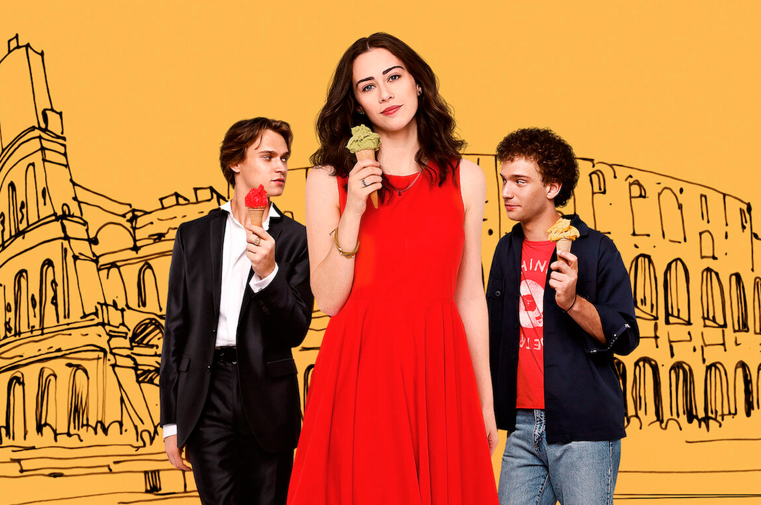 Poster oficial do filme Amor & Gelato, com Lina, Alessandro e Lorenzo segurando gelatos em casquinha