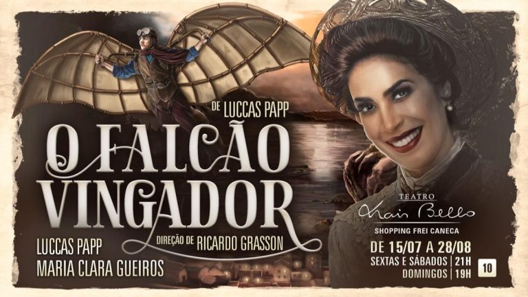 cartaz de o falcão vingador, peça estrealda por maria clara gueiros e luccas papp