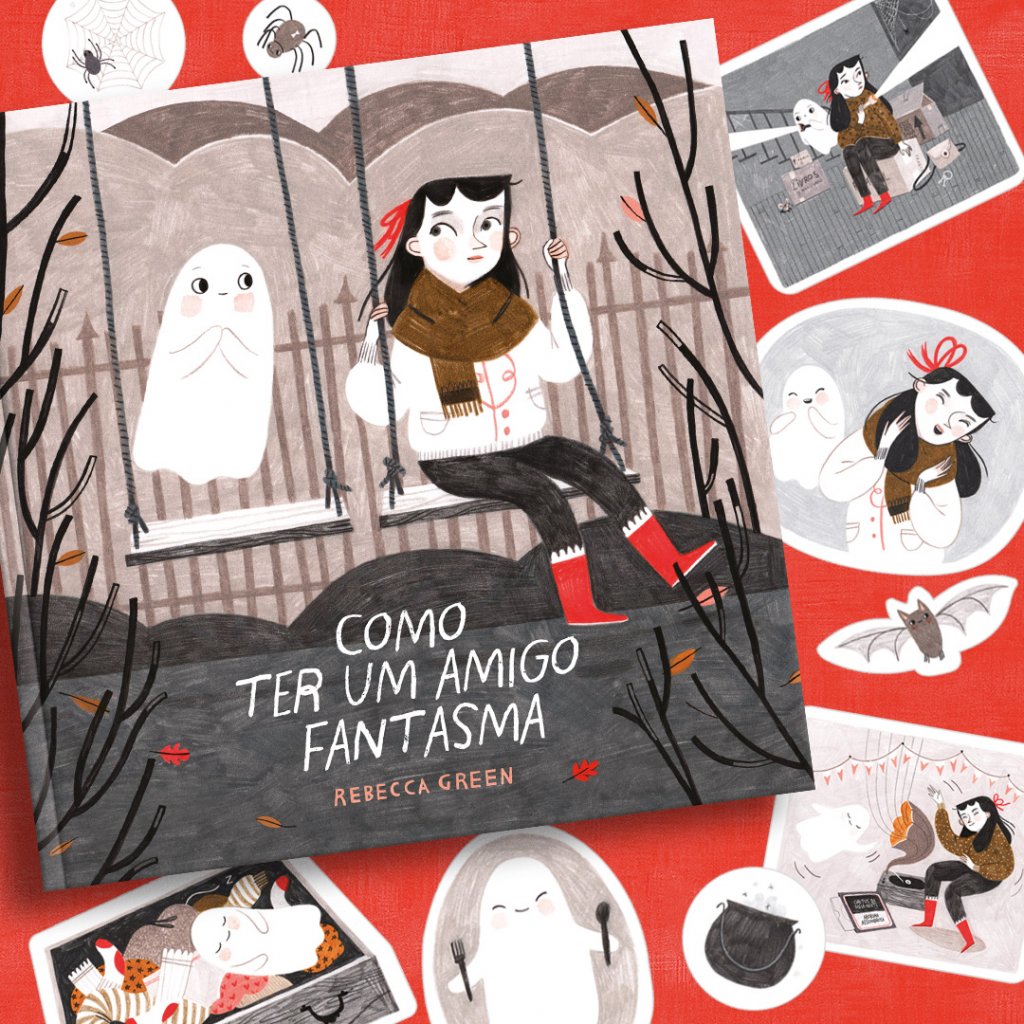 Capa do livro Como Ter um Amigo Fantasma e adesivos com as ilustrações da capa