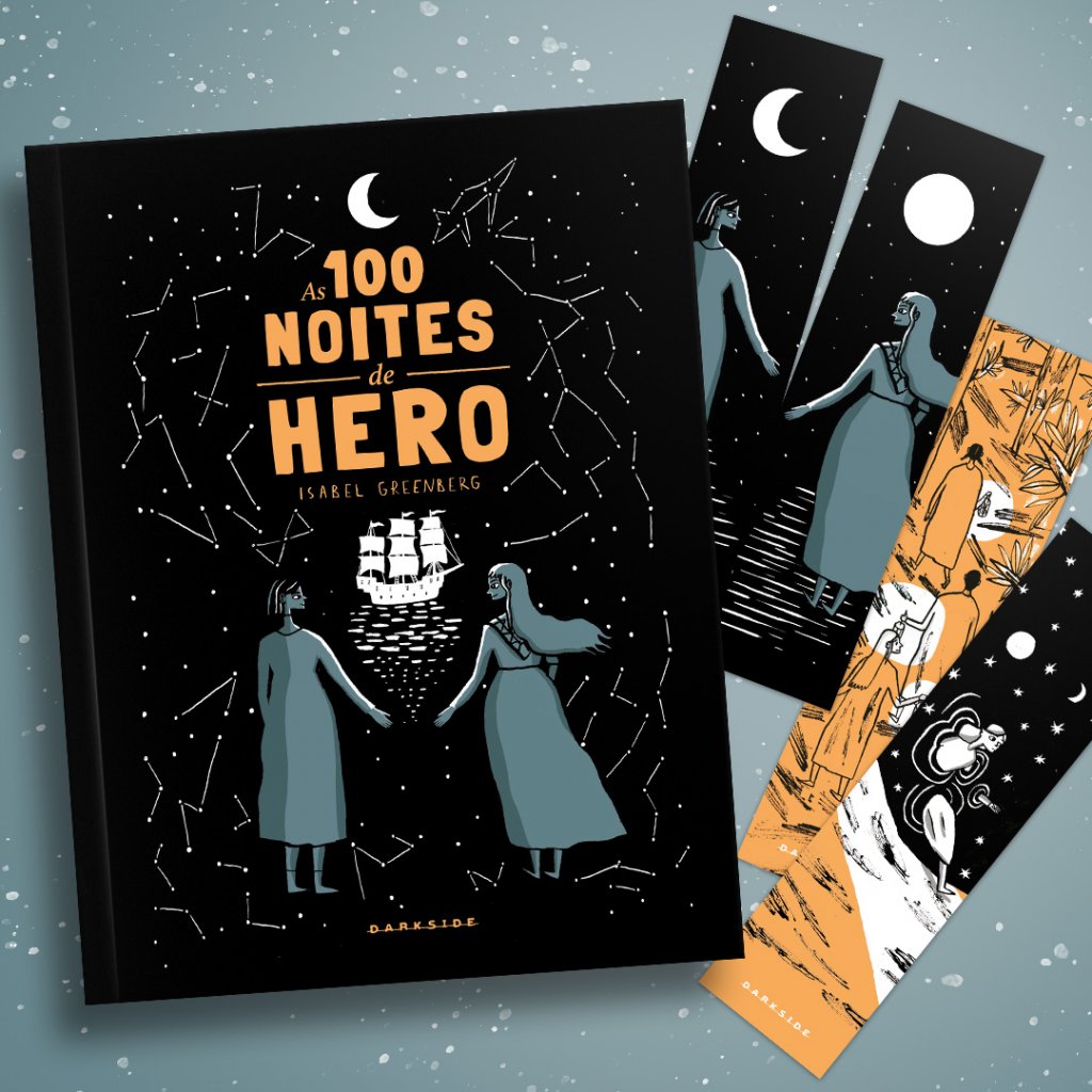 Capa do livro As 100 Noites de Hero e marcadores de página do tema