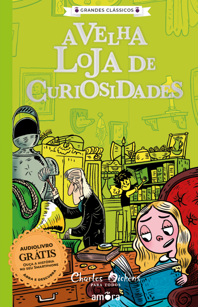 O livro possui uma capa verde com ilustrações referente a história Loja de Curiosidades.