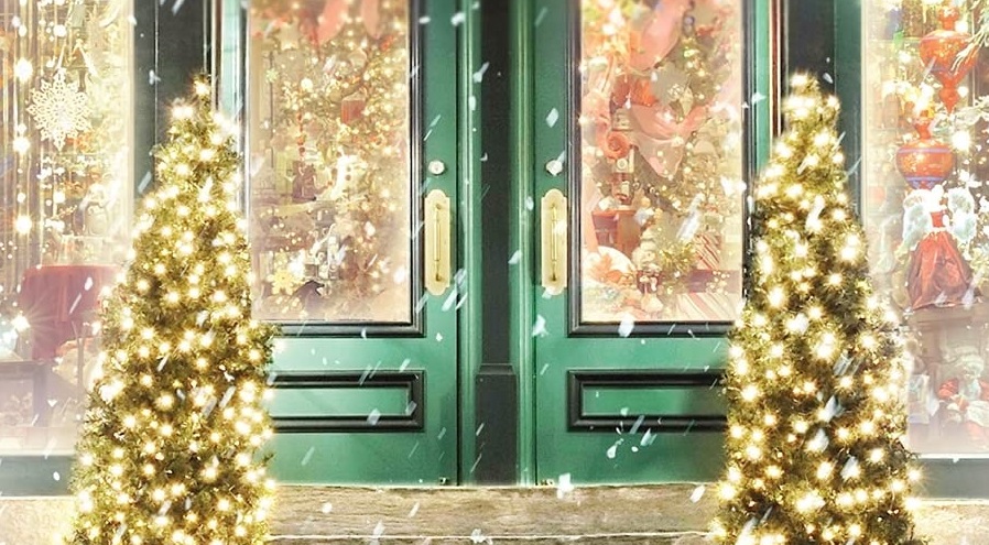 Recorte da capa do livro Anjos à Mesa, com uma porta verde e dois pinheiros iluminados com luzes de Natal