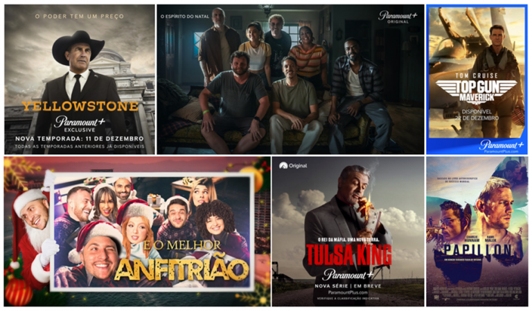 Uma montagem de pôsteres oficiais da quinta temporada de Yellowstone, da série Tulsa King, do especial de Natal do Porta dos Fundos e de Top Gun: Maverick, todos para o especial do Paramount+