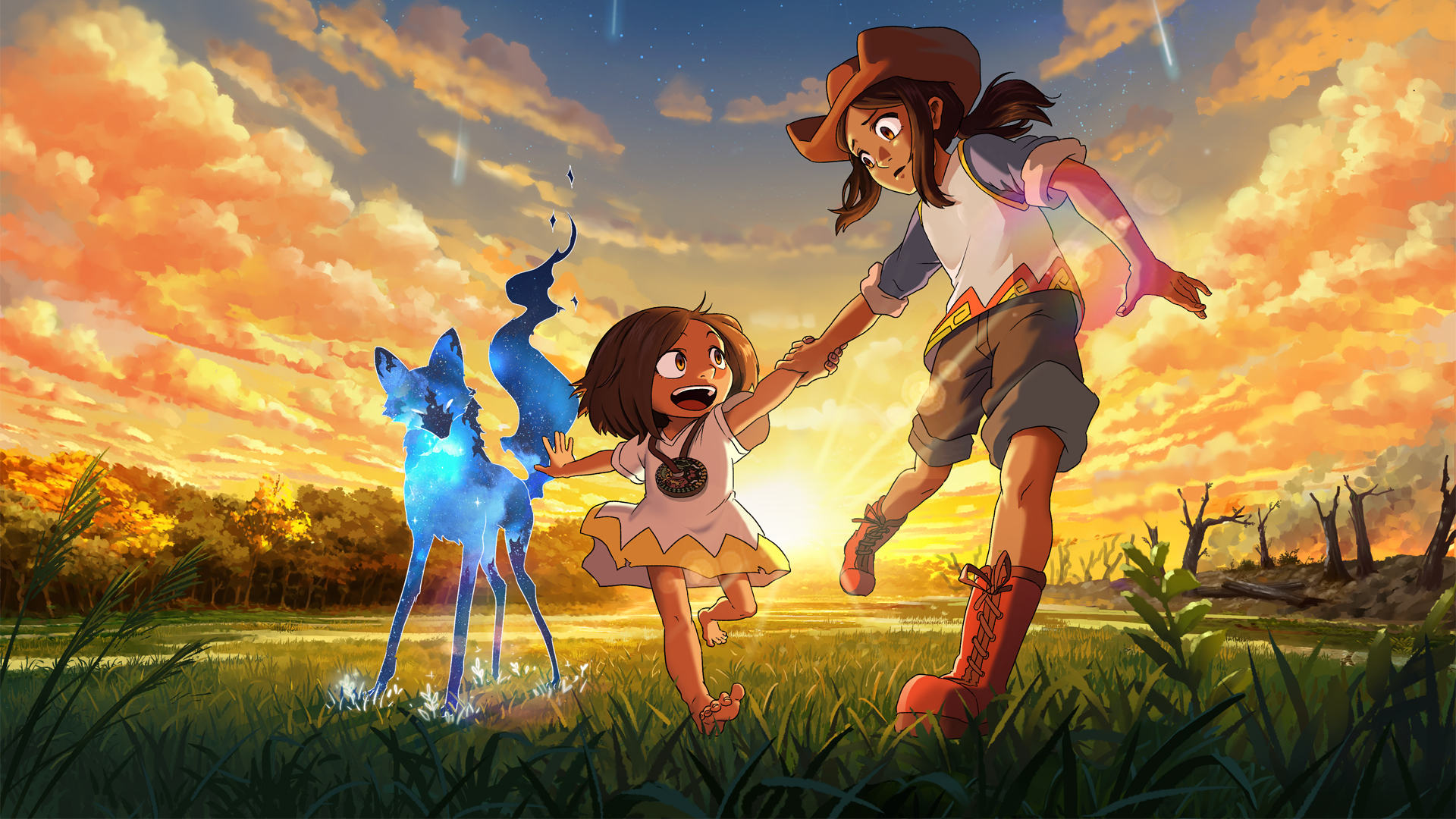 Ari e Tai, protagonistas do game Entre as Estrelas, correm por uma campina, acompanhadas de uma raposa espiritual