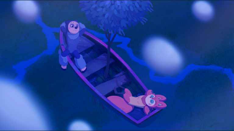 Imagem de divulgação de Perlimps, em que os dois protagonistas estão dentro de uma canoa na água