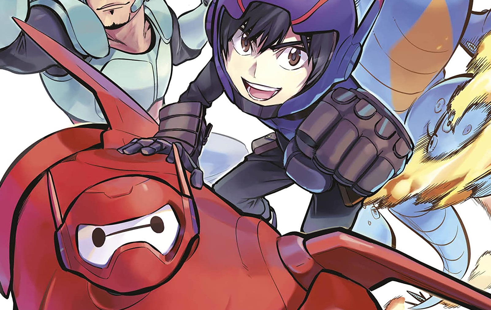 Recorte da capa do mangá Big Hero 6, lançamento da Editora Planeta. Baymax e Hiro usam suas armaduras e voam, junto com seus amigos, em direção ao leitor