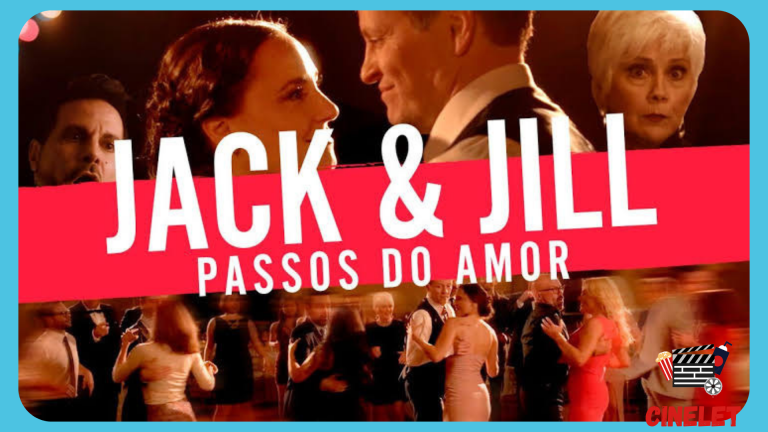 Recorte do pôster de Jack & Jill, com os atores se olhando, em um fundo de festa. Dois atores aparecem no fundo, reproduzindo expressões de susto. Embaixo uma cena de dança do casal principal e o logo do filme no meio, rosa e branco