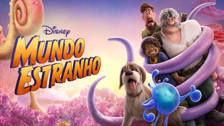Pôster oficial do filme Mundo Estranho, com os protagonistas da família Clade sendo abraçados pelo tentáculo de uma criatura