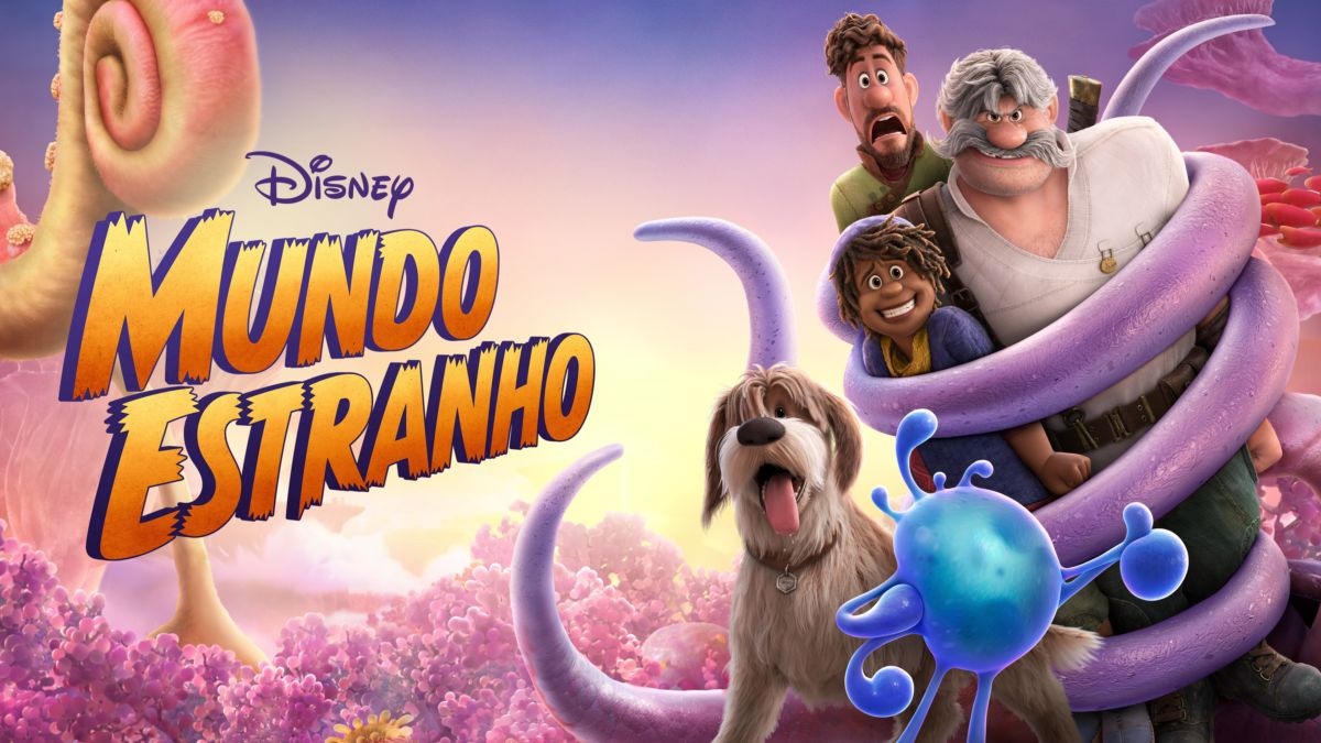 Pôster oficial do filme Mundo Estranho, com os protagonistas da família Clade sendo abraçados pelo tentáculo de uma criatura